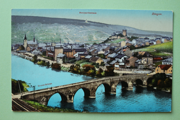 Postcard PC Bingen Bingerbrueck 1910-1920 street houses Drusus-Bridge Town architecture Rheinland Pfalz